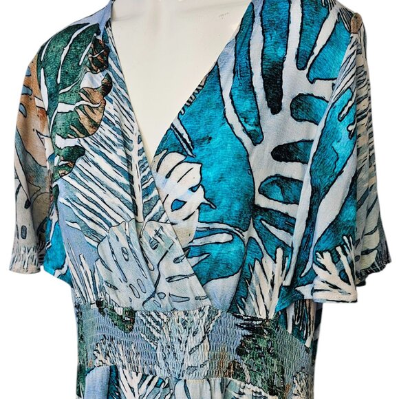 Simply Art Dolcezza Palm Leaf Printed V-Neck Flutter Sleeve Dress, Smocked, L - Picture 9 of 9